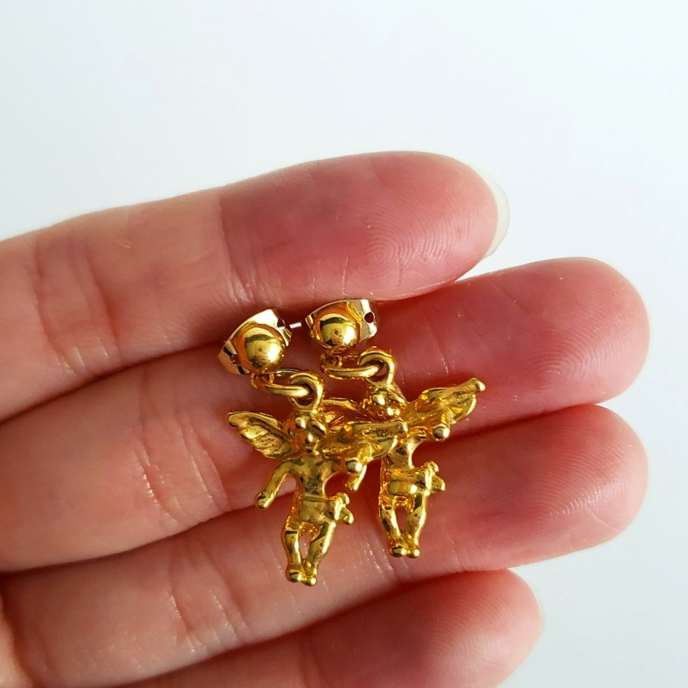 VTG Gold Toned Dangling Angel Earrings